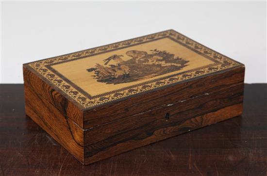 A Tunbridgeware rosewood Prince of Wales mosaic jewellery box, 9in.